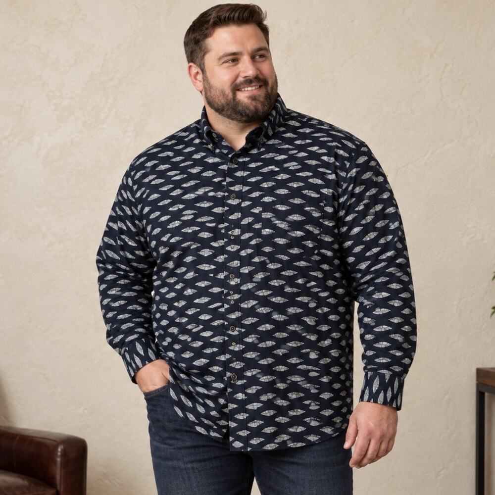ROWM Navy Feather Print Button Down Shirt 2XL Tall
